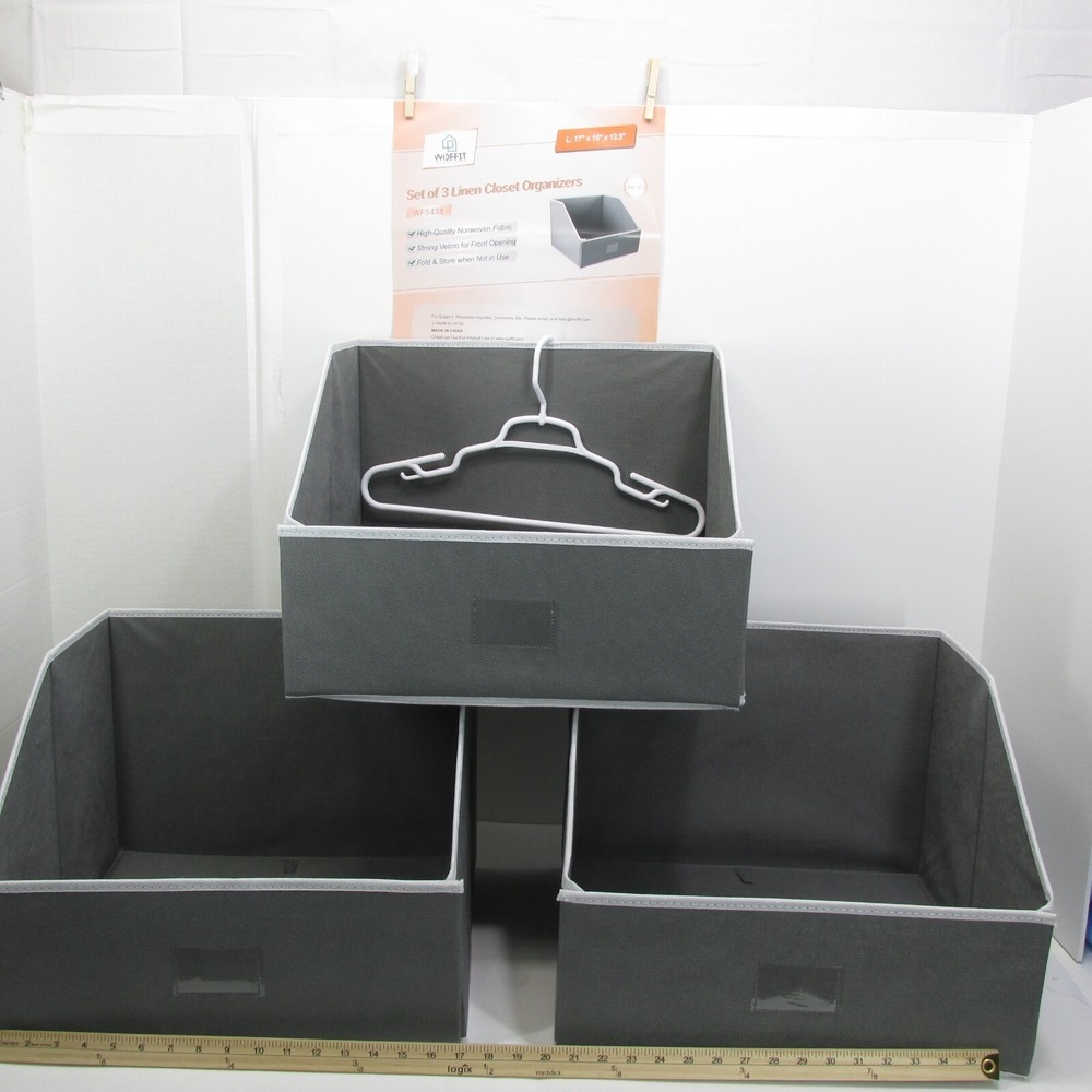 Woffit Set of 3 Linen Gray Closet Organizers 17 x 15 x 12.5" each - collapsible!